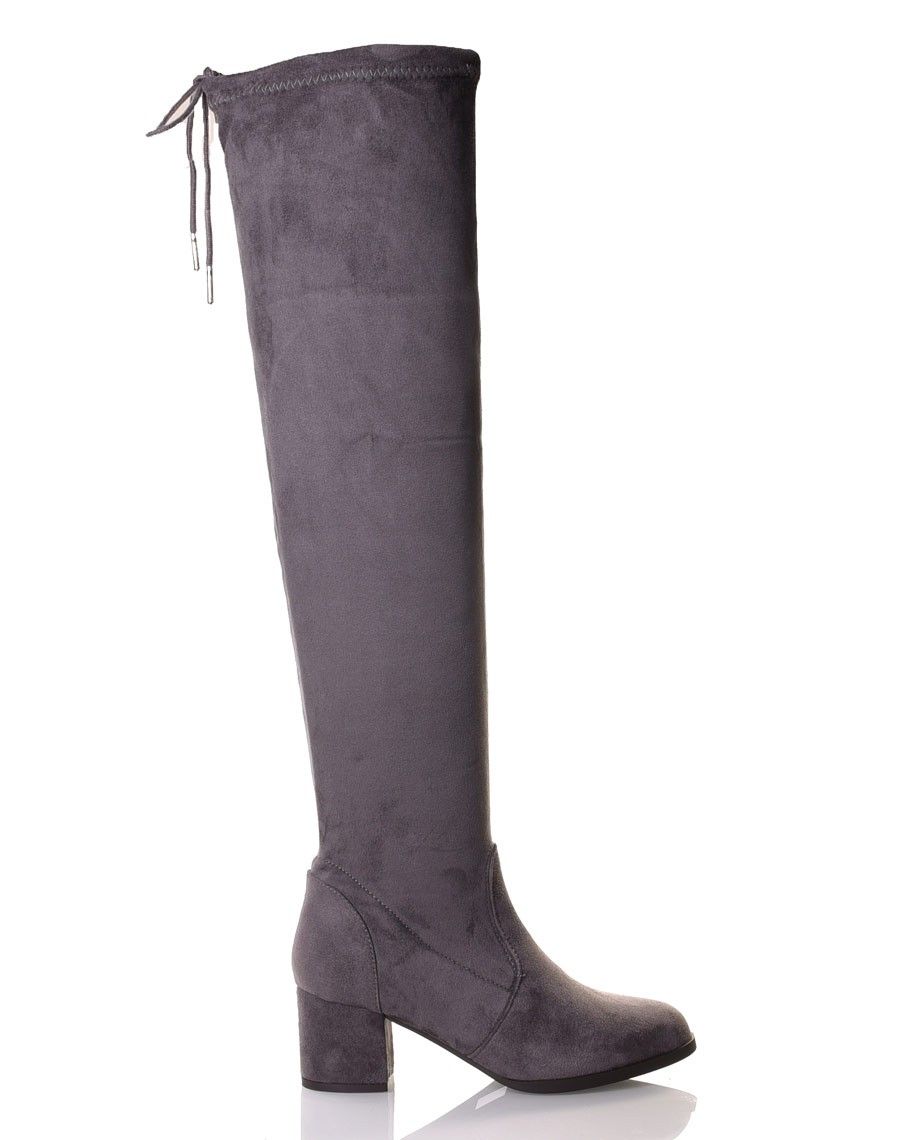 Cuissardes grises en suédine à talons mi hauts