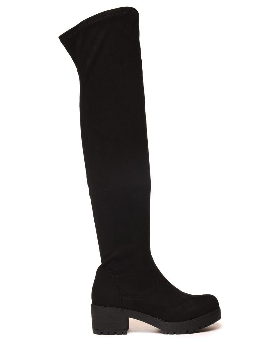 Cuissardes noires effet suédine à petit talon