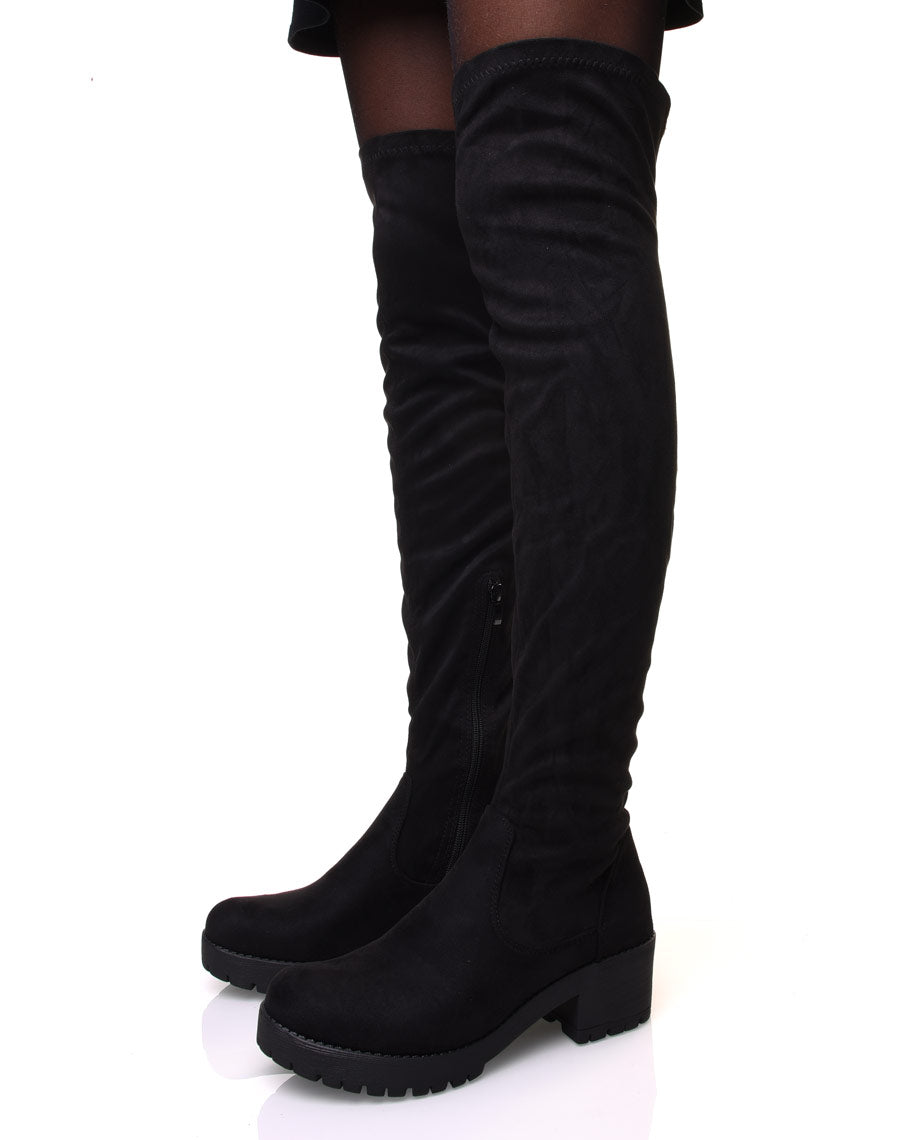 Cuissardes noires effet suédine à petit talon