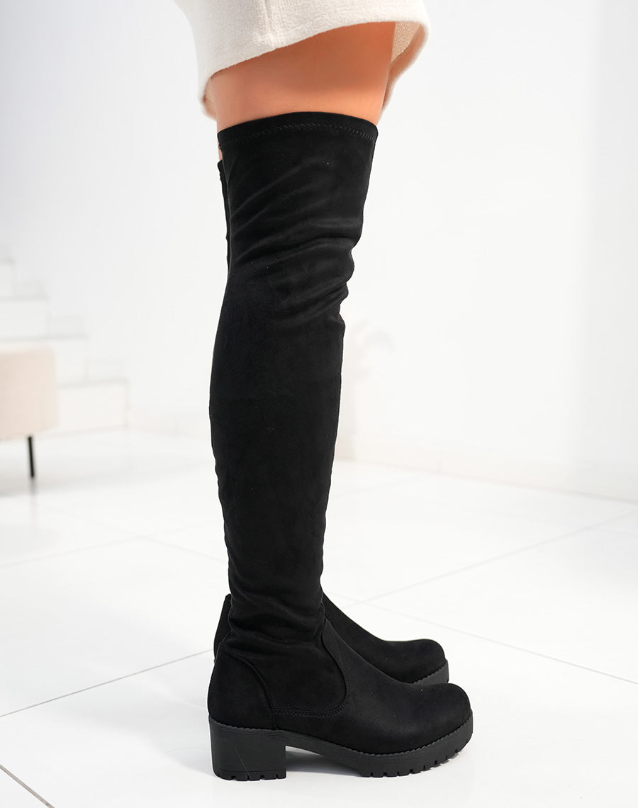 Cuissardes noires effet suédine à petit talon