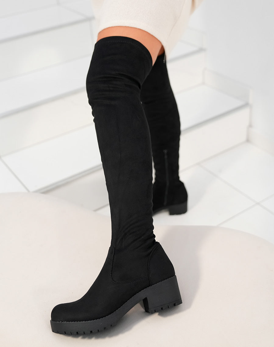 Cuissardes noires effet suédine à petit talon