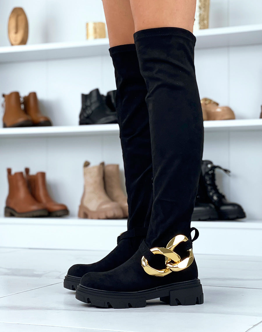 Cuissardes noires en suédine à chaîne dorée