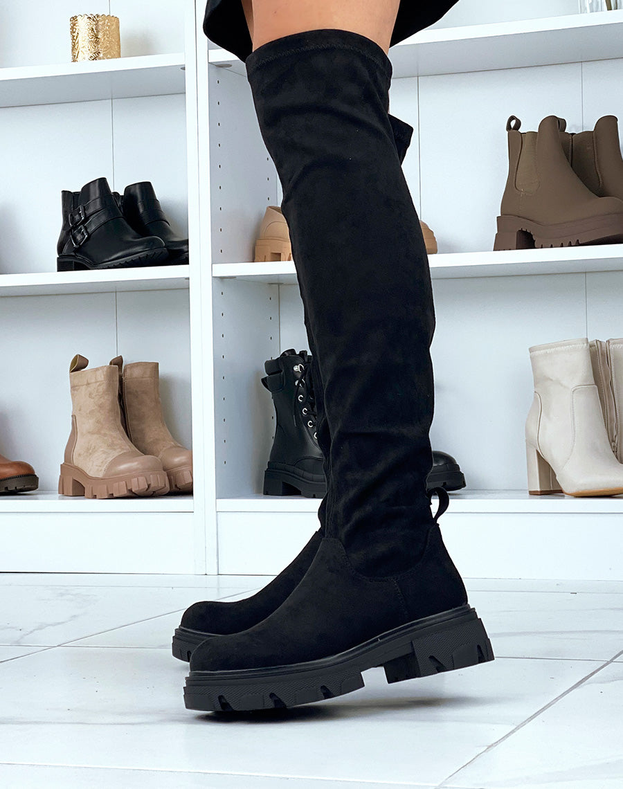 Cuissardes noires en suédine à chaîne dorée