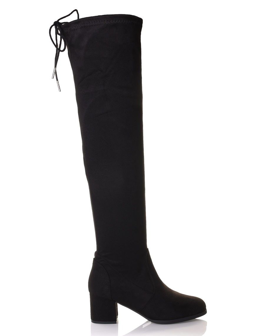 Cuissardes noires en suédine à talons mi hauts