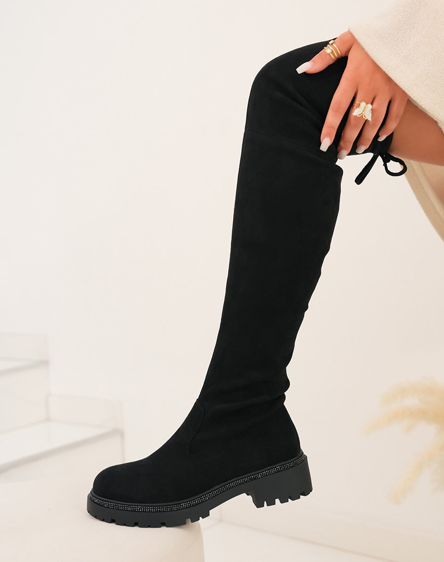 Cuissardes noires à semelle à strass noirs