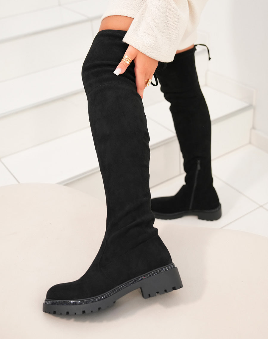 Cuissardes noires à semelle à strass noirs