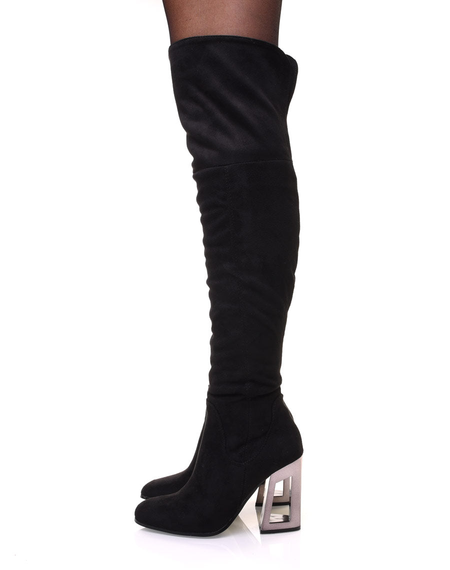 Cuissardes noires à talons graphiques métallisés