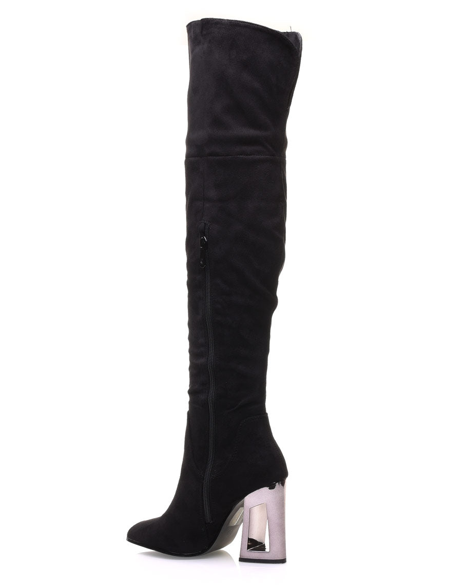 Cuissardes noires à talons graphiques métallisés