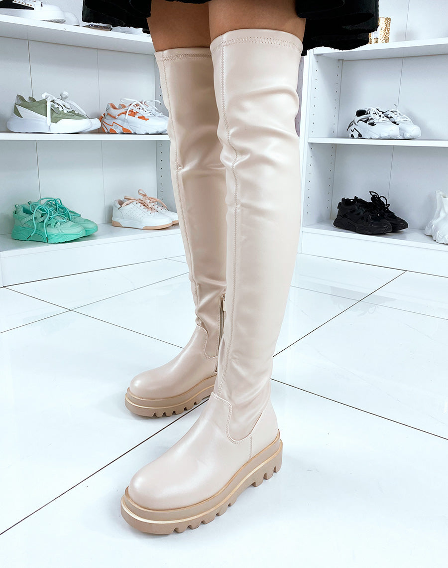 Cuissardes plates beiges à plateforme crantée