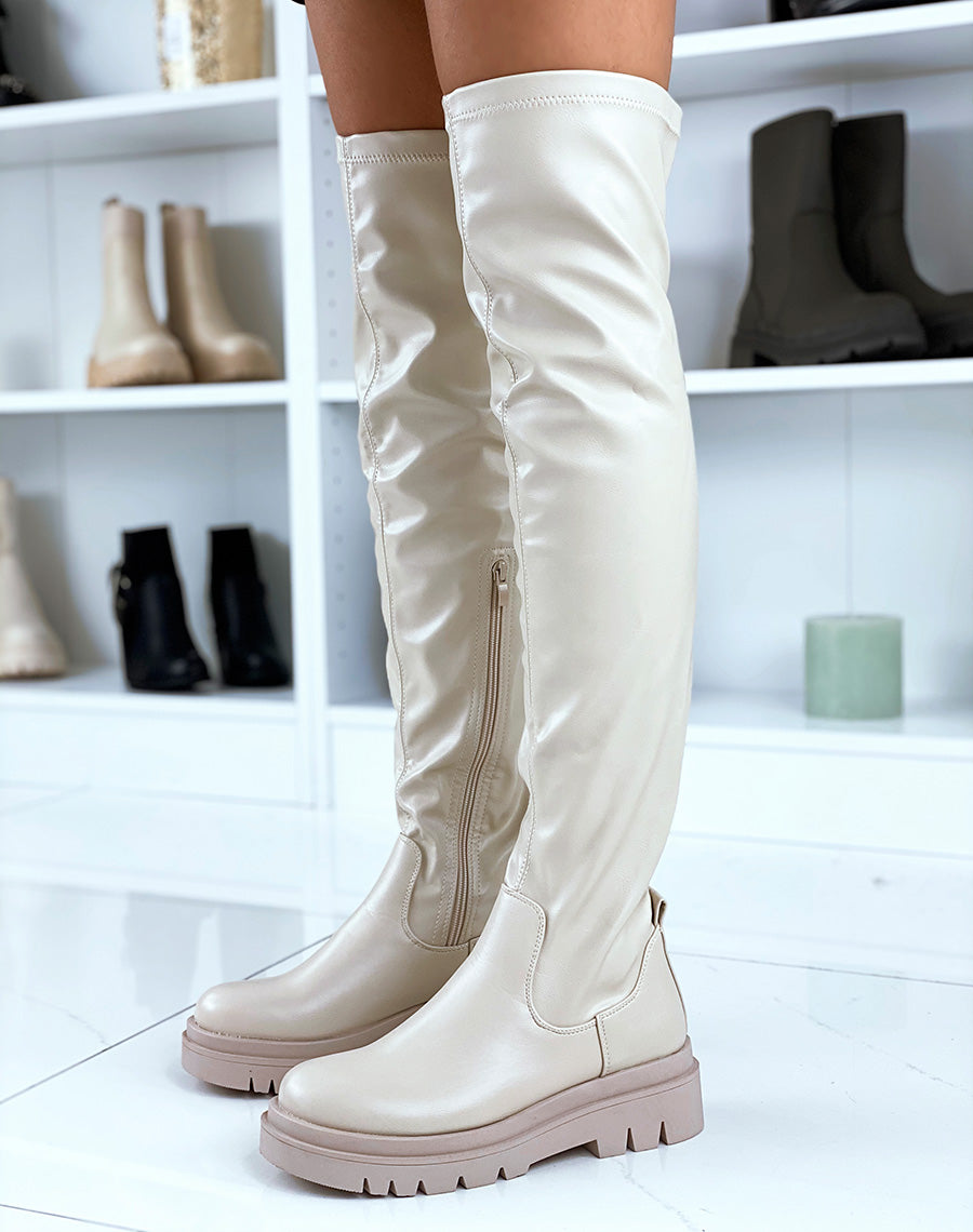 Cuissardes plates beiges à plateforme crantée