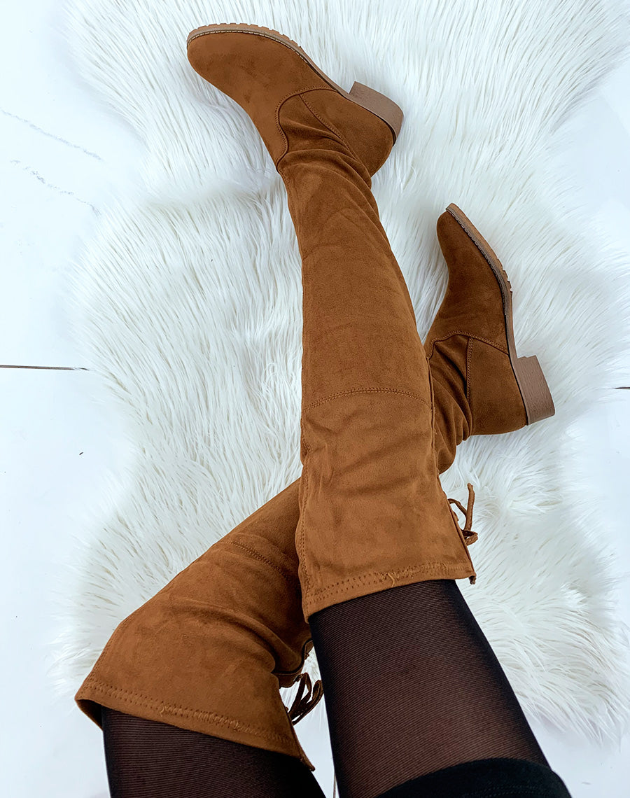 Cuissardes plates camel à lacets