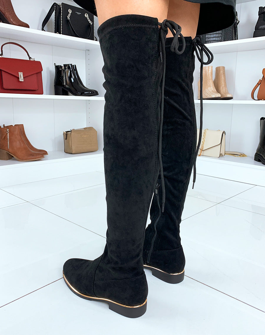 Cuissardes plates en suédine noire à détail doré