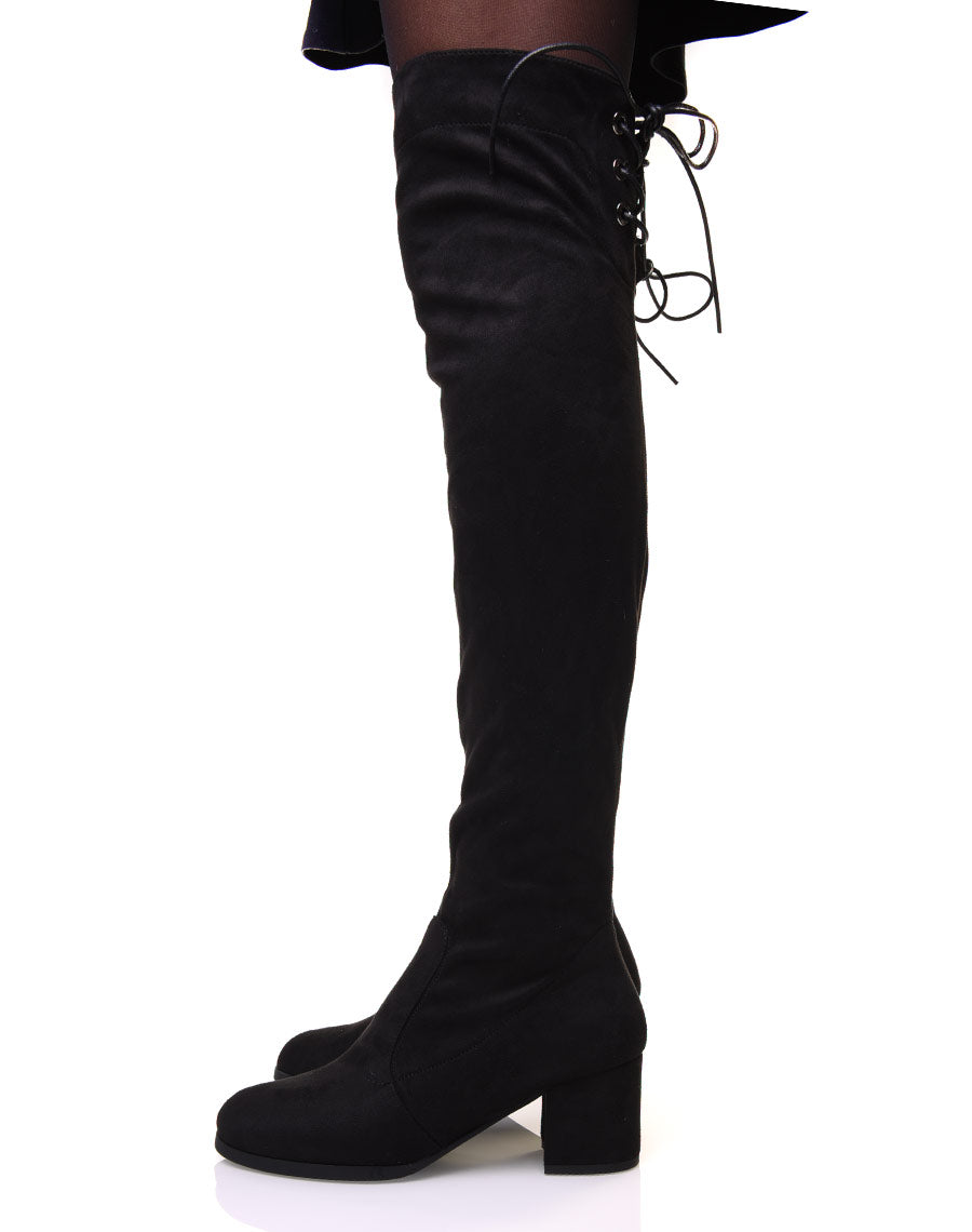 Cuissardes à talon noires en suédine ajustable