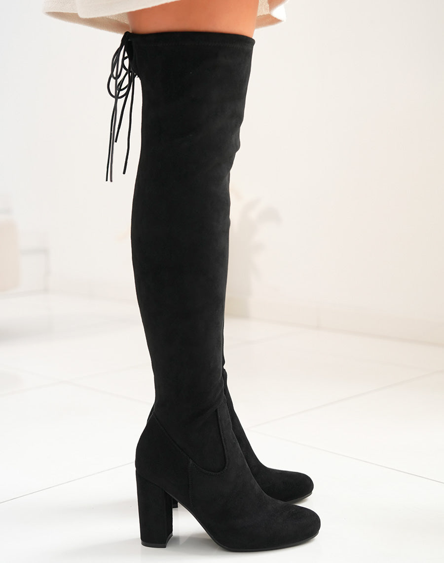 Cuissardes à talon noires en suédine ajustable