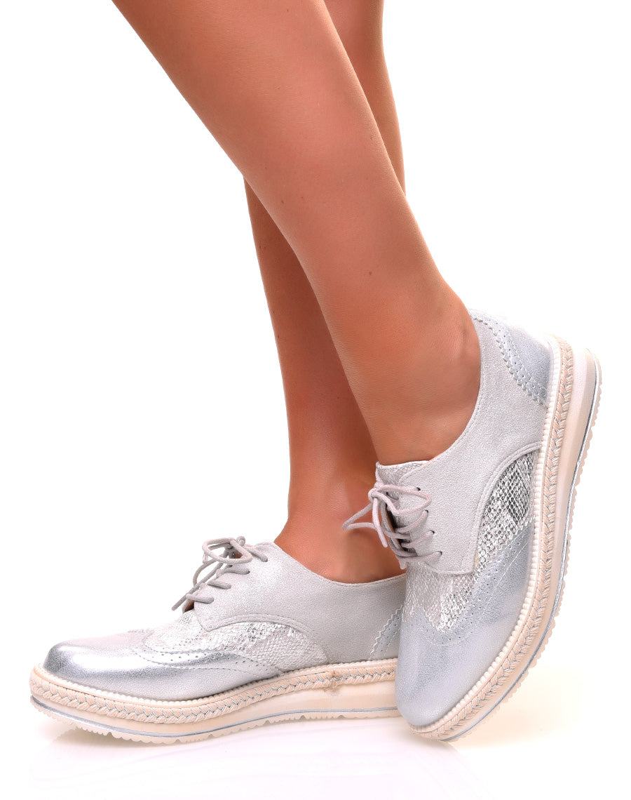 Derbies bi-matières argentées à semelles compensées décorées