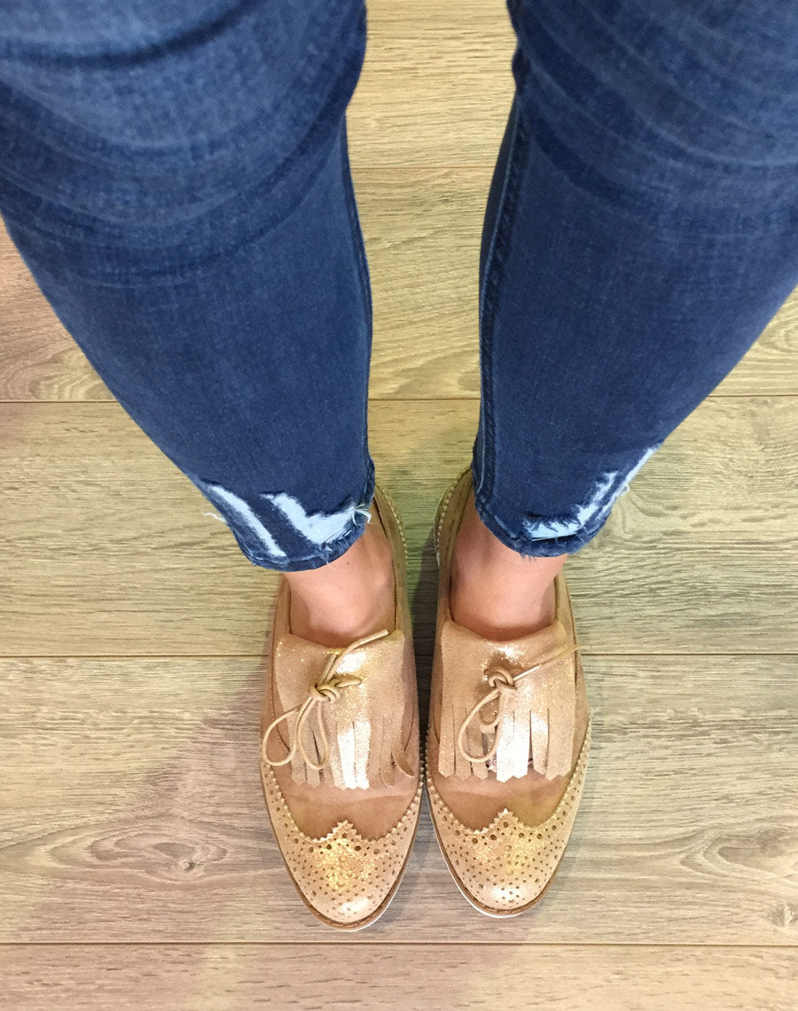 Derbies bi matières beige et champagne à franges