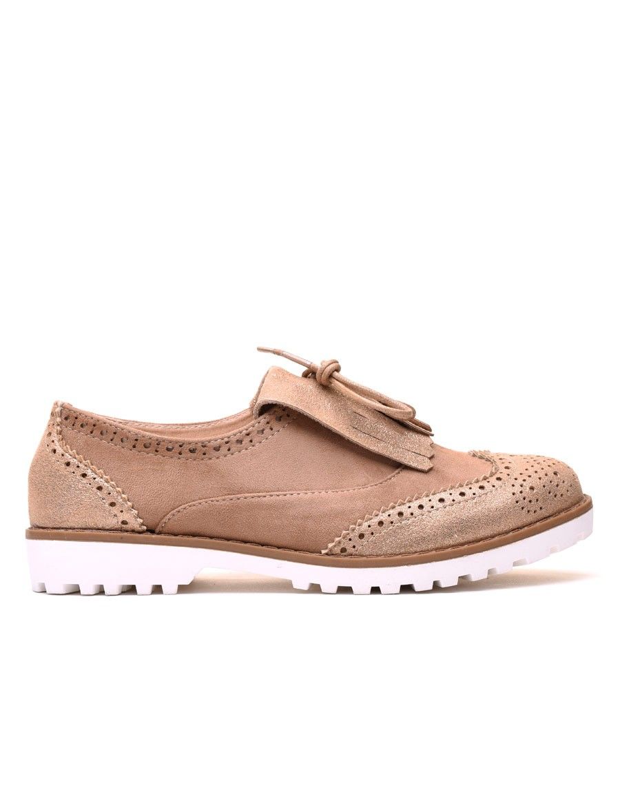 Derbies bi matières beige et champagne à franges