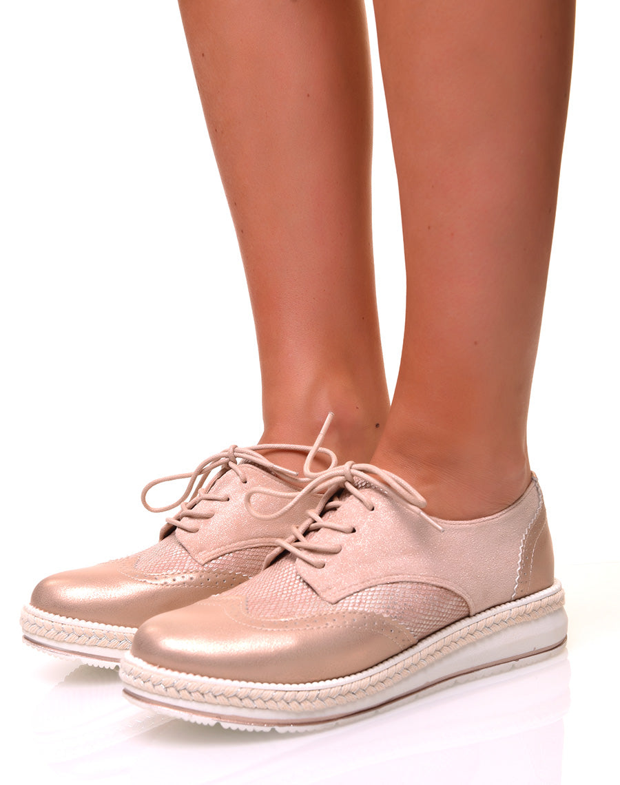 Derbies bi-matières champagne à semelles compensées décorées