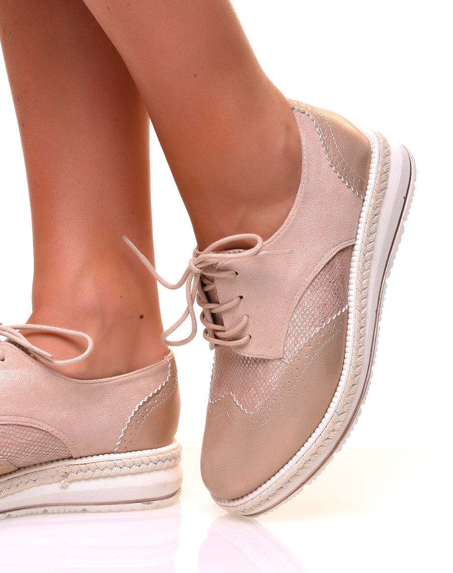 Derbies bi-matières champagne à semelles compensées décorées