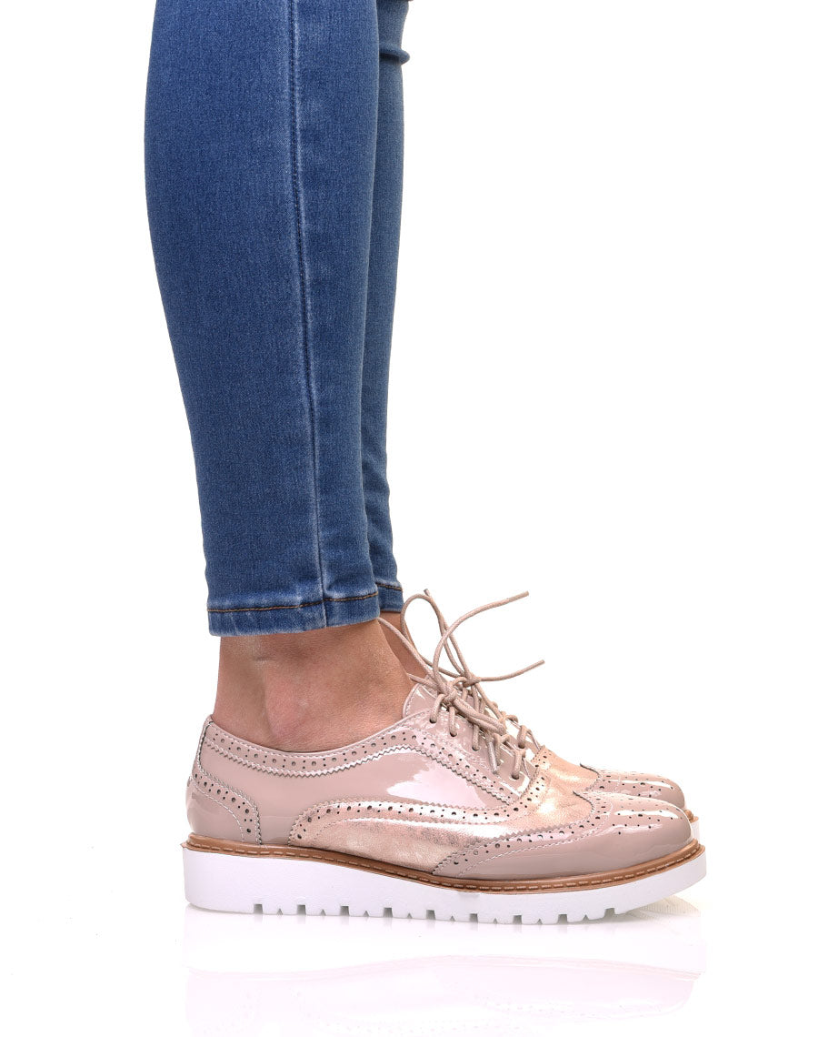 Derbies bi-matières roses à semelle compensée