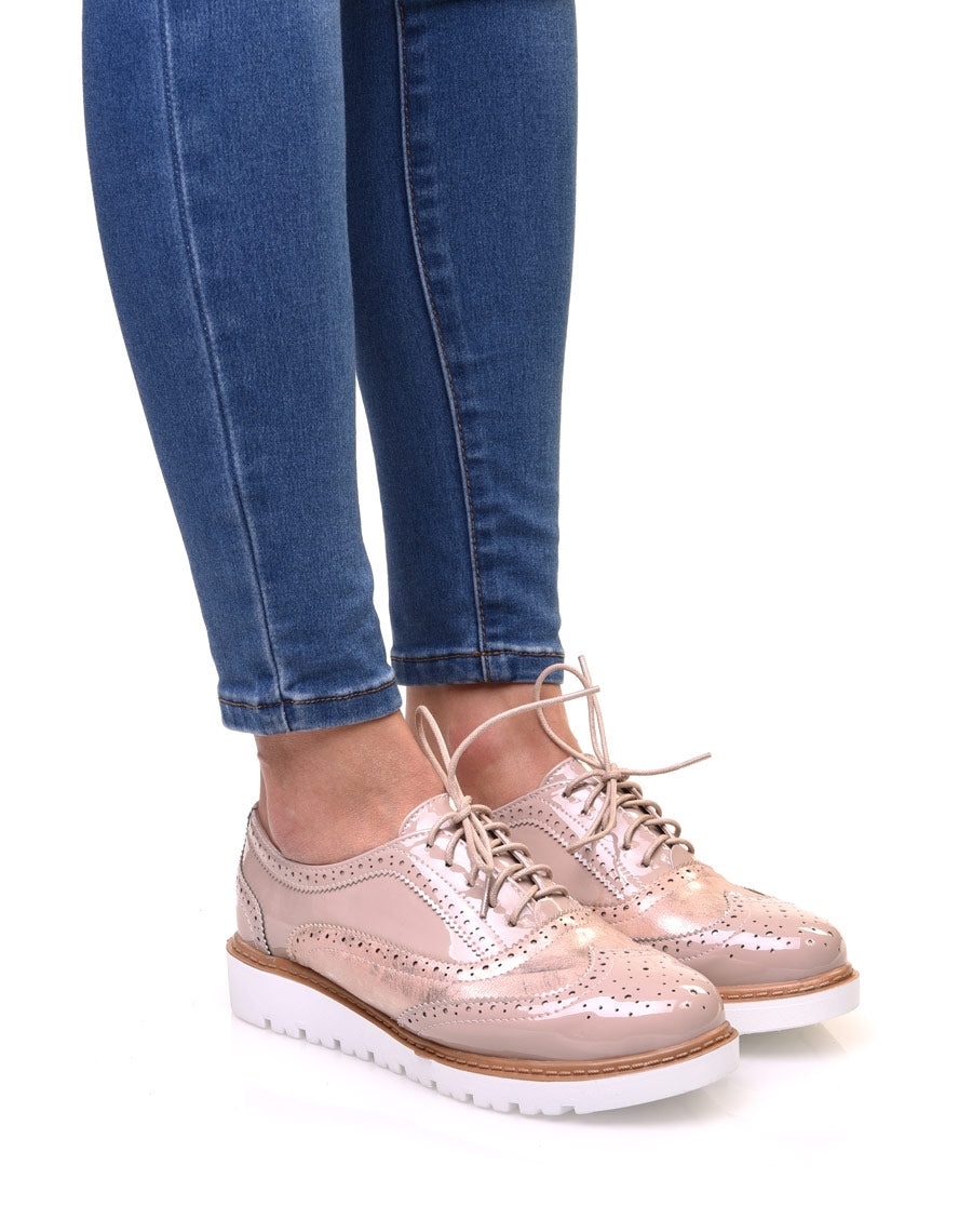 Derbies bi-matières roses à semelle compensée