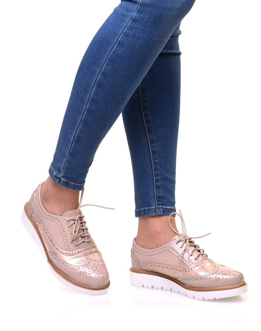 Derbies bi-matières roses à semelle compensée