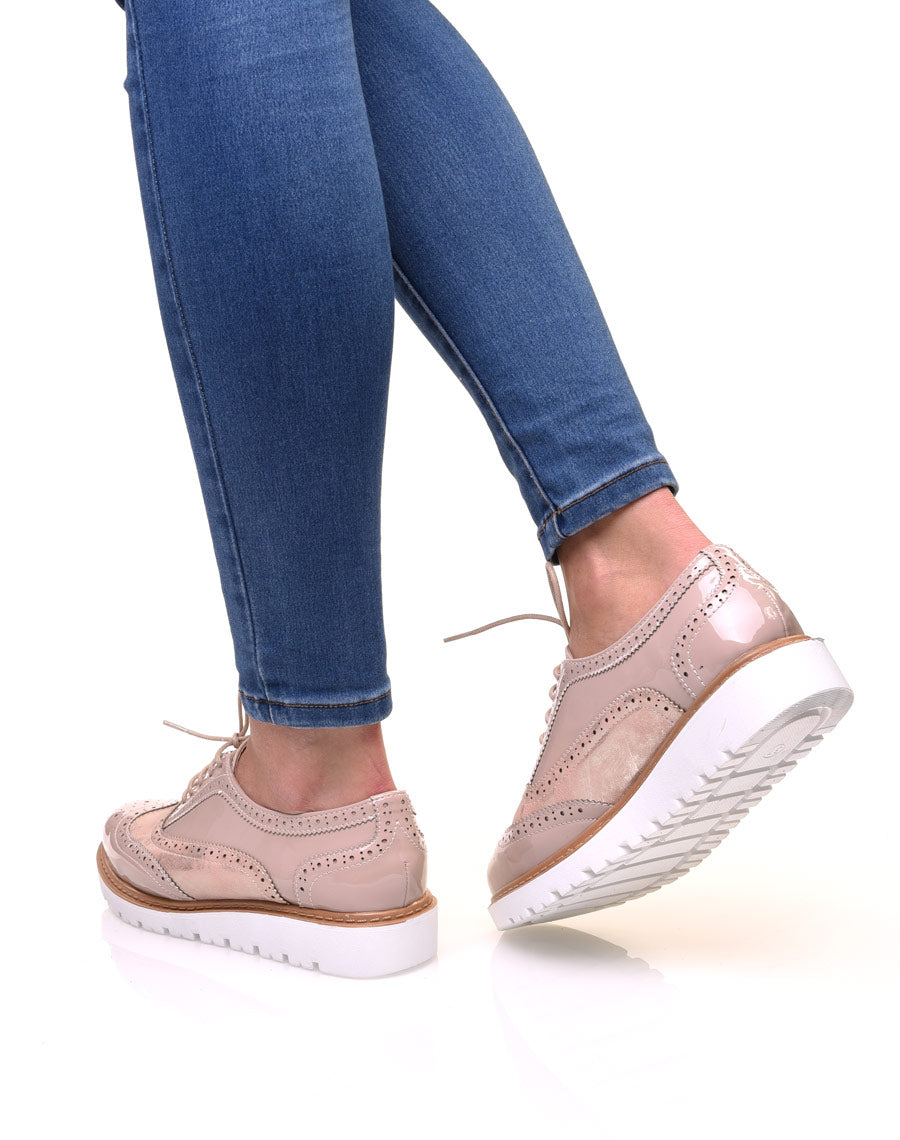 Derbies bi-matières roses à semelle compensée