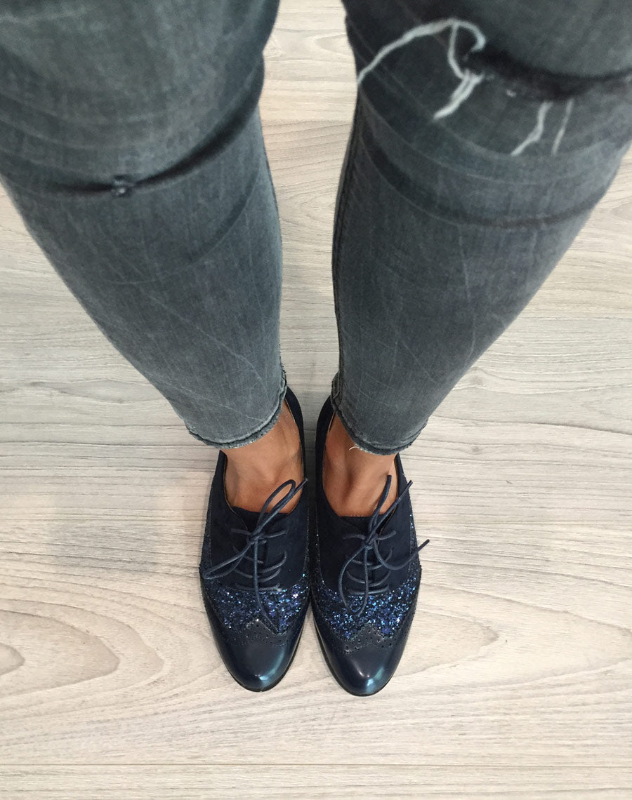 Derbies bleues marine tri matières à lacets