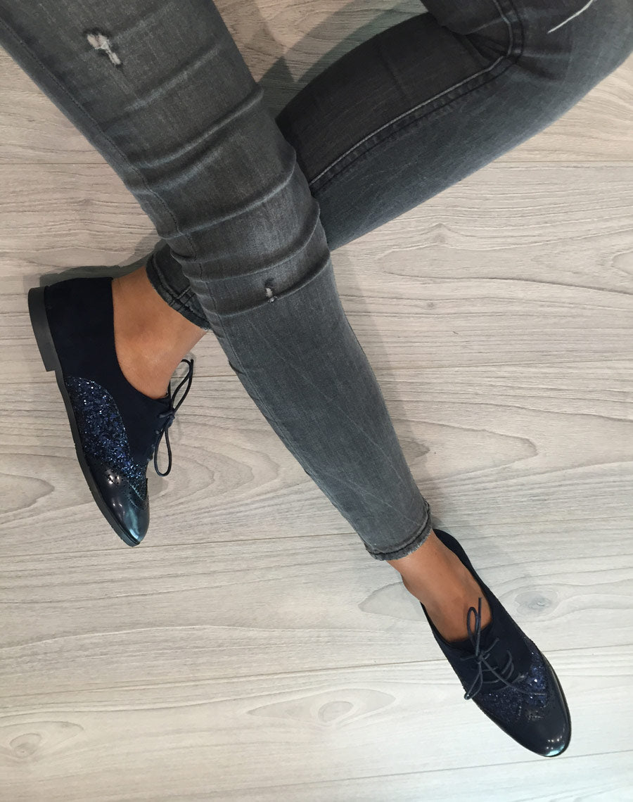 Derbies bleues marine tri matières à lacets