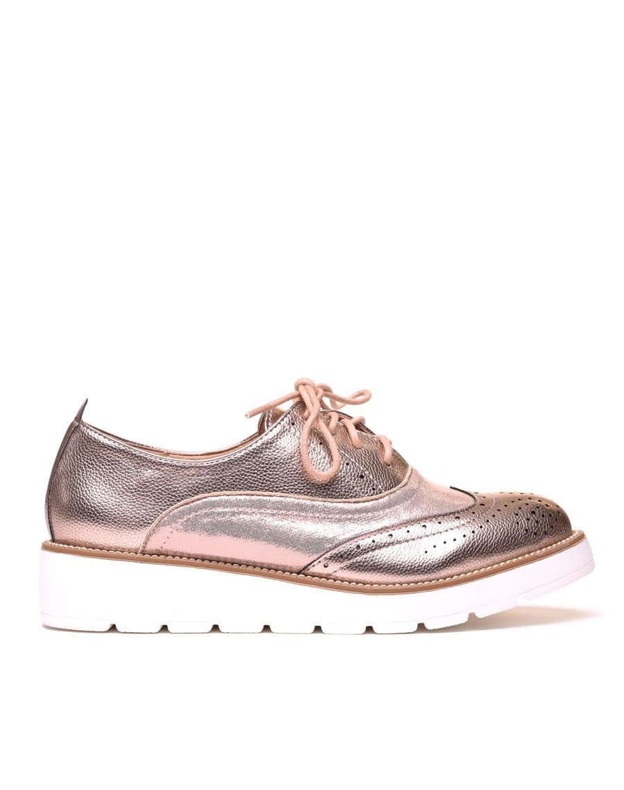 Derbies brillantes roses à semelle compensée