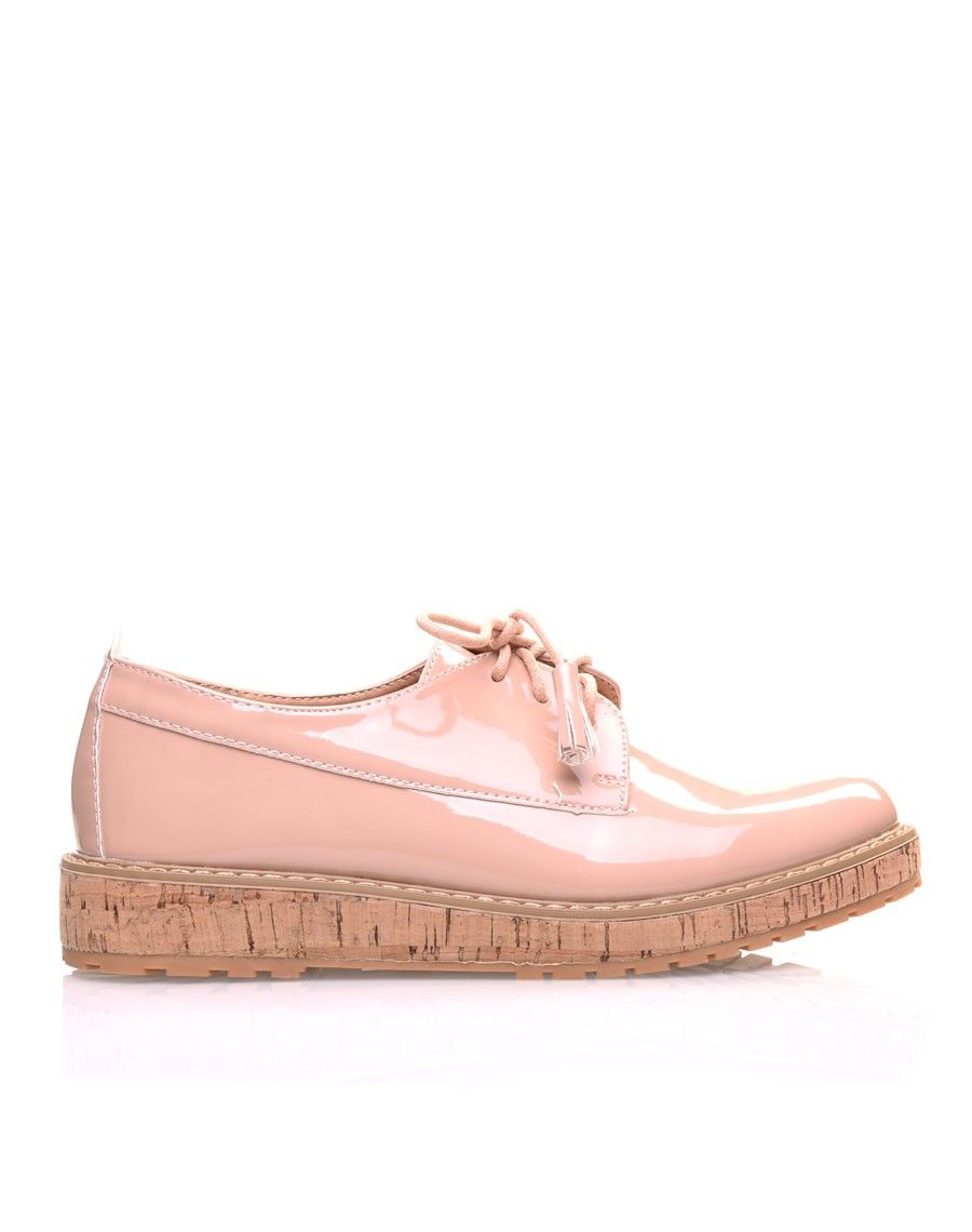 Derbies roses vernies à talon compensé