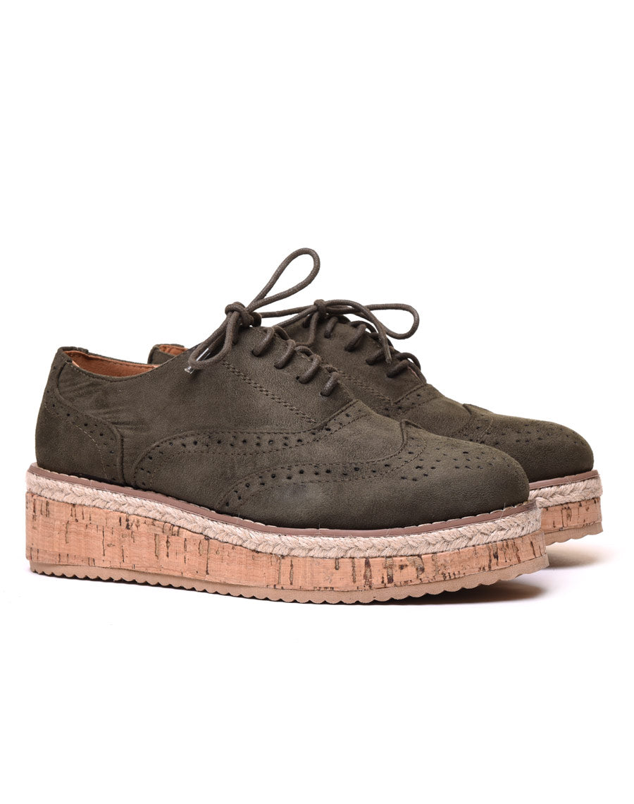 Derbies suédine kaki à talon compensé