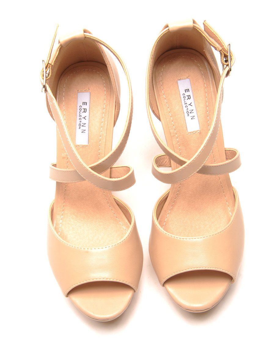 Escarpin lanière croisé beige à bout ouvert