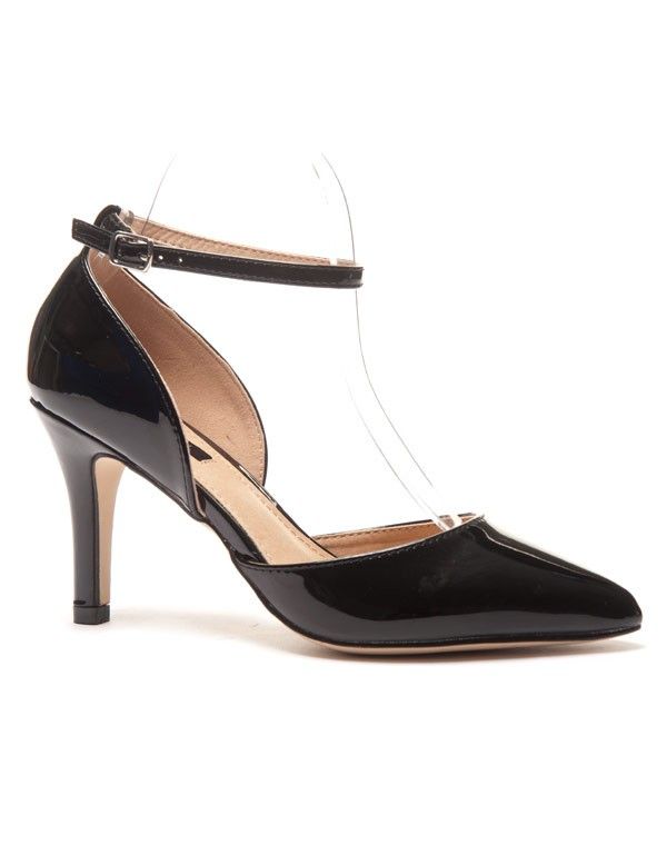 Escarpin noir verni avec bride cheville et légèrement pointu