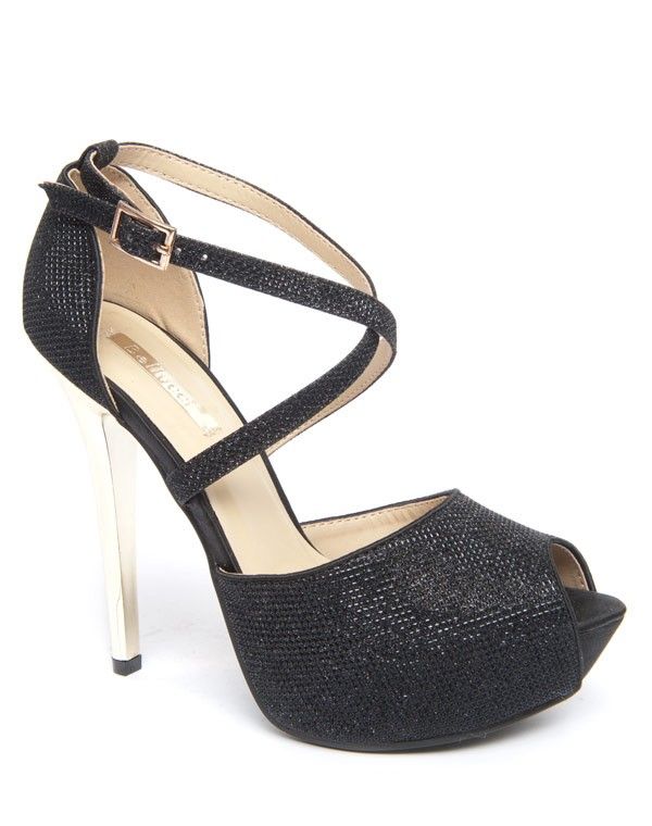 Escarpins Bellucci noirs brides croisées et talons aiguille or