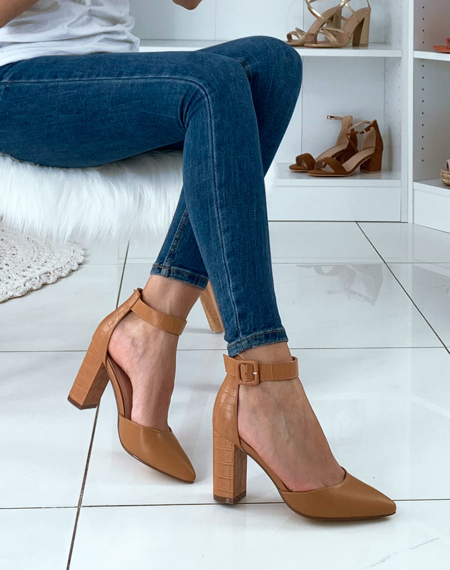 Escarpins camel à talon en effet croco