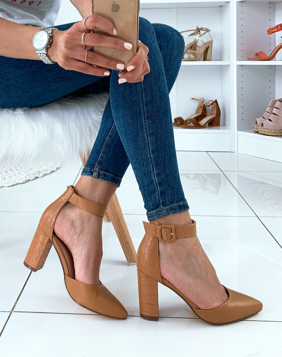 Escarpins camel à talon en effet croco