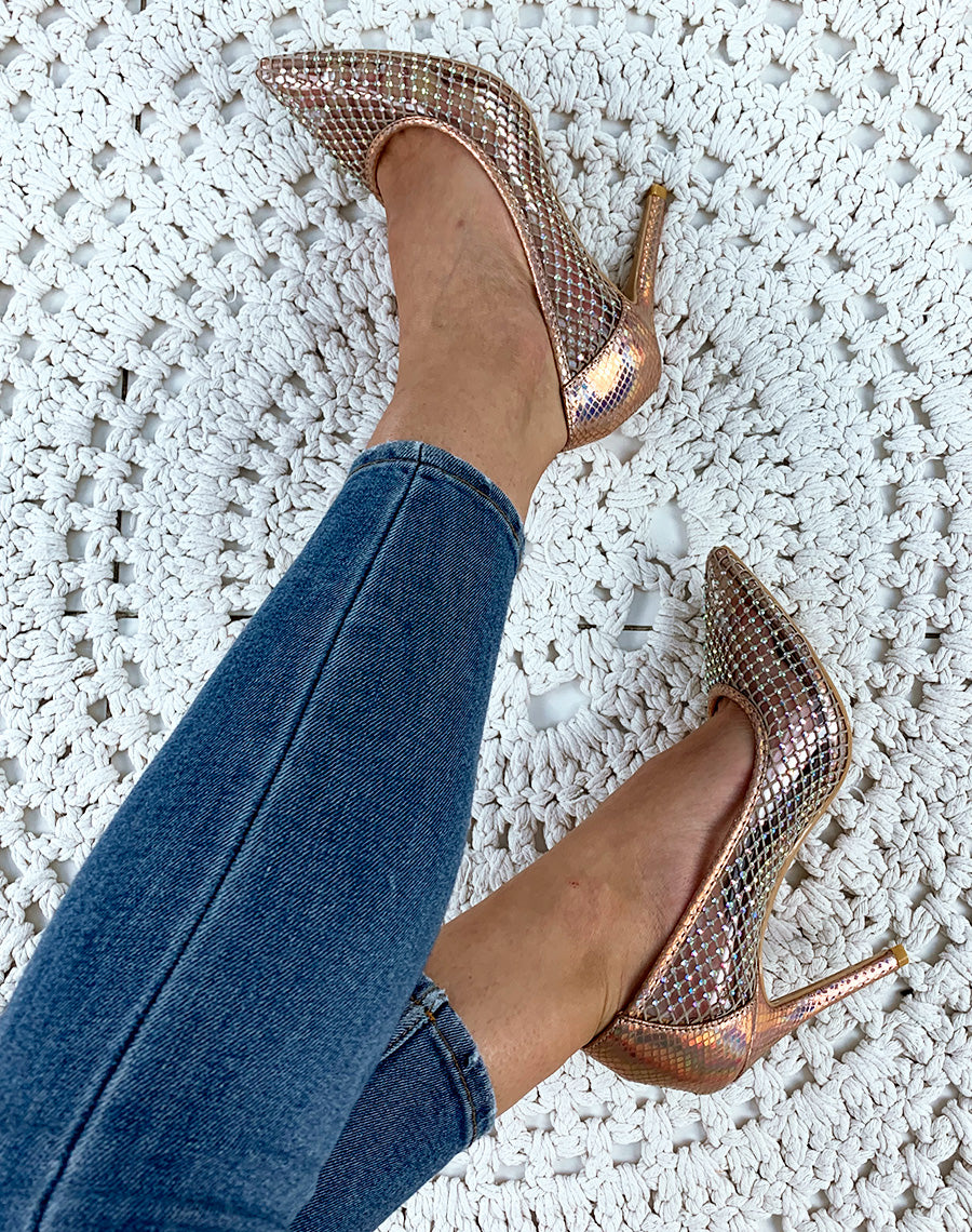 Escarpins champagne résille à strass