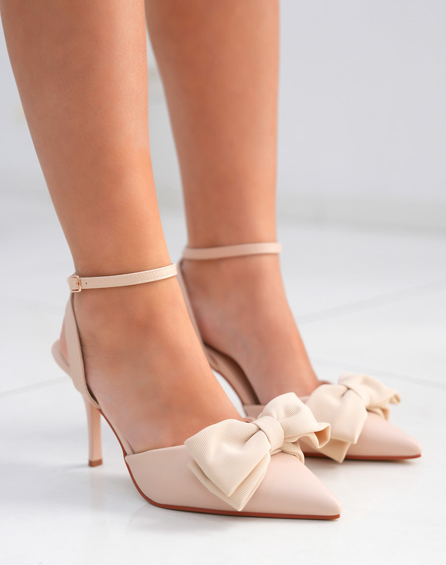 Escarpins femme beiges avec noeud décoratif et talon fin