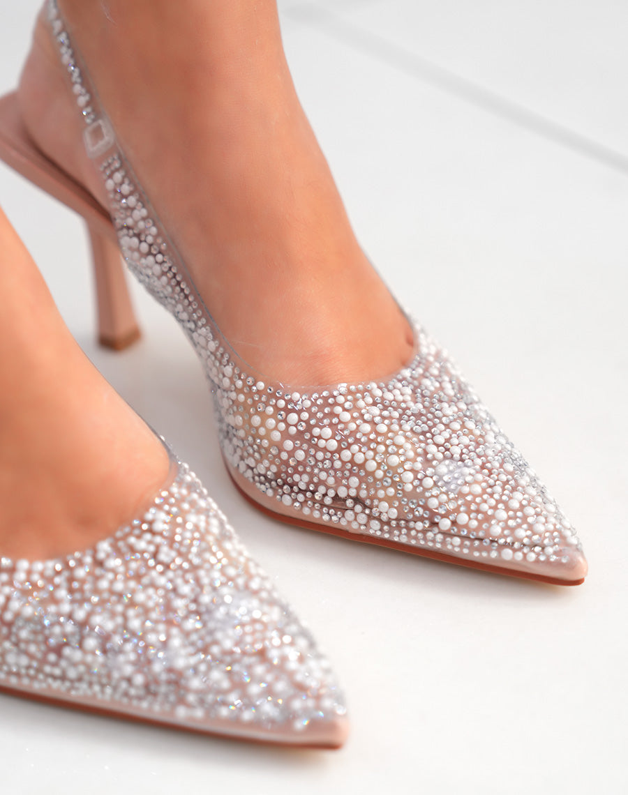 Escarpins femme beiges à bout pointu avec strass et talon fin