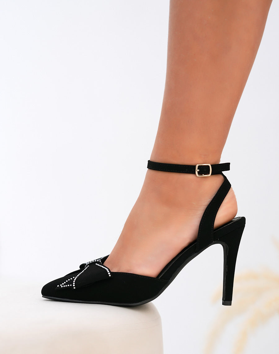 Escarpins femme noirs en suédine avec noeud à strass et talon fin