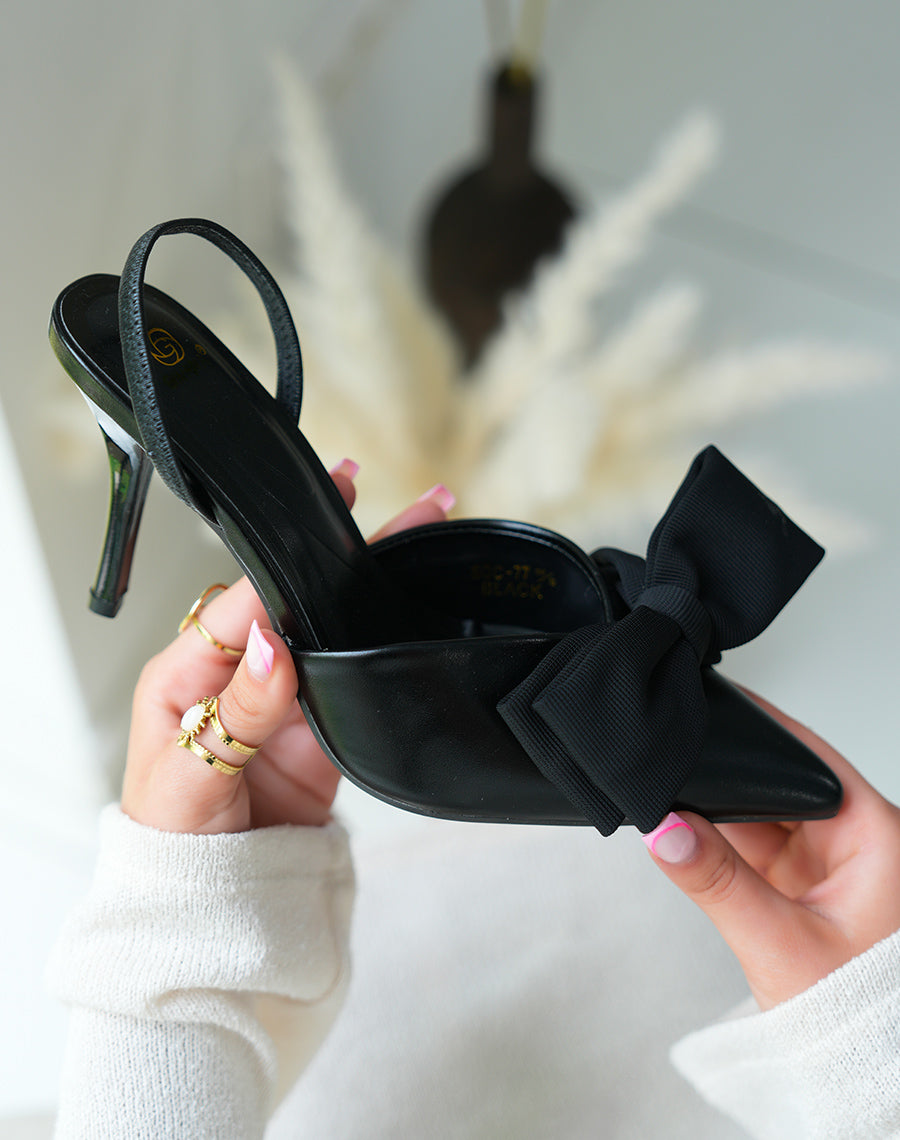 Escarpins femme noirs élégants avec noeud en tissu et talon aiguille
