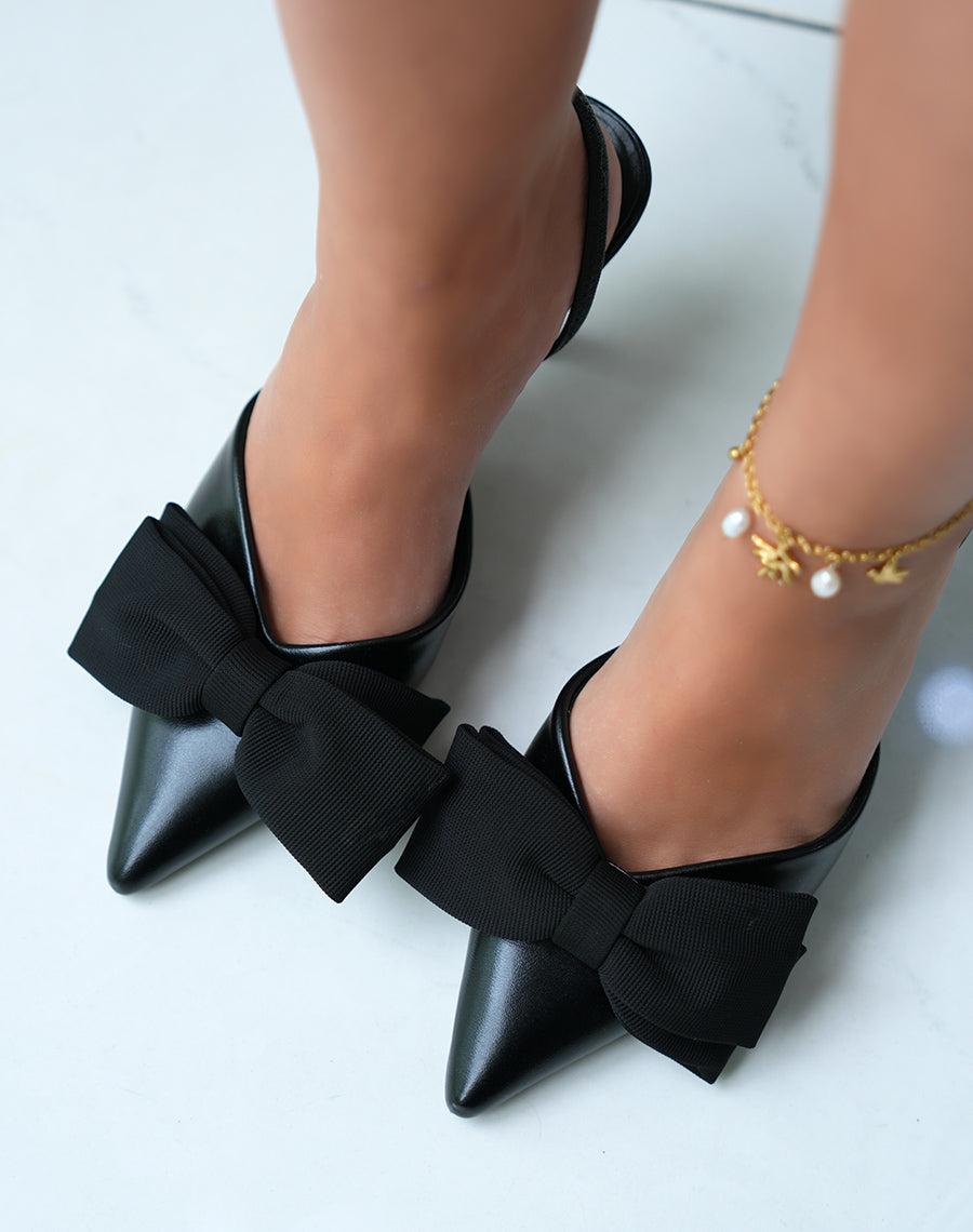 Escarpins femme noirs élégants avec noeud en tissu et talon aiguille