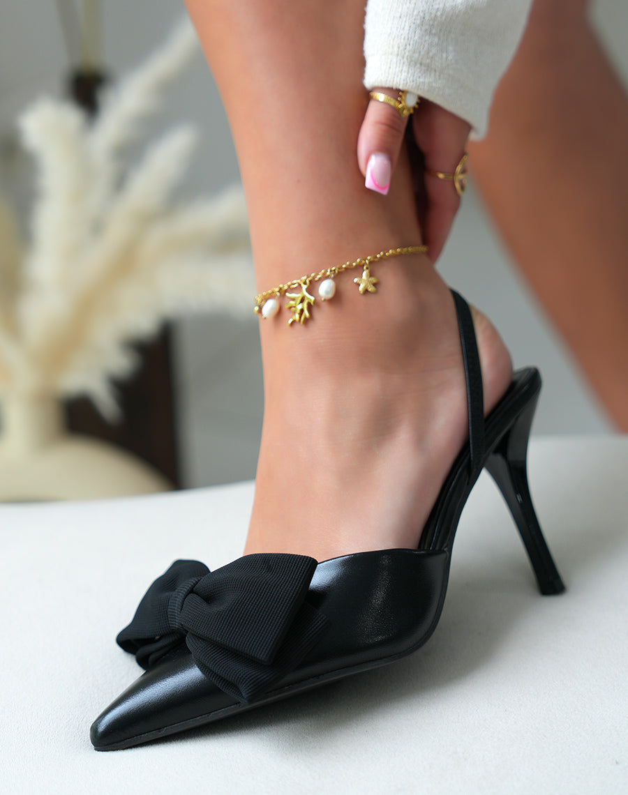 Escarpins femme noirs élégants avec noeud en tissu et talon aiguille