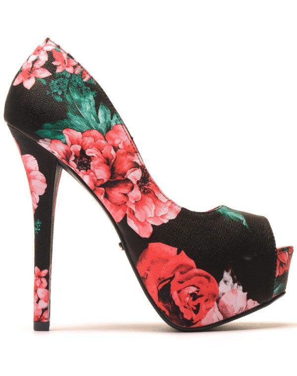 Escarpins fleuris peep toes rouges et verts