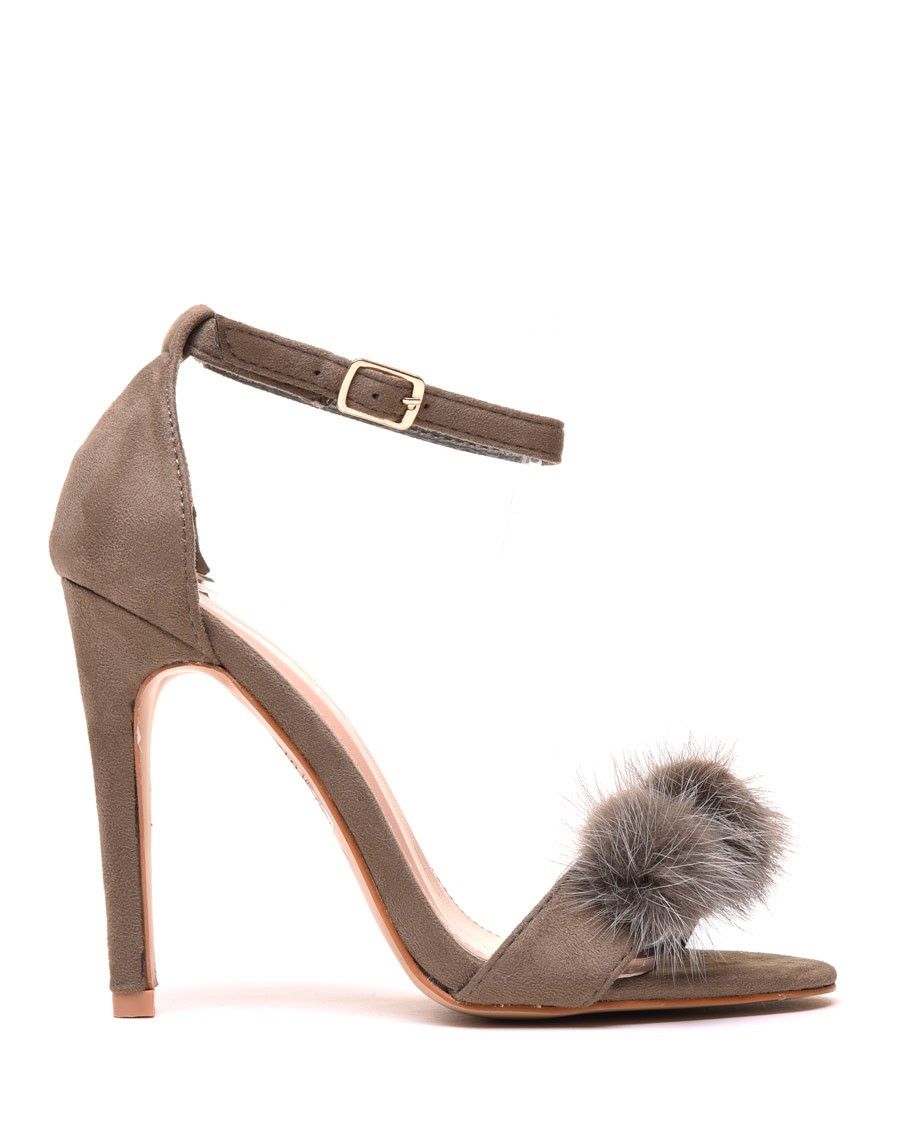 Escarpins kaki en suédine à pompons