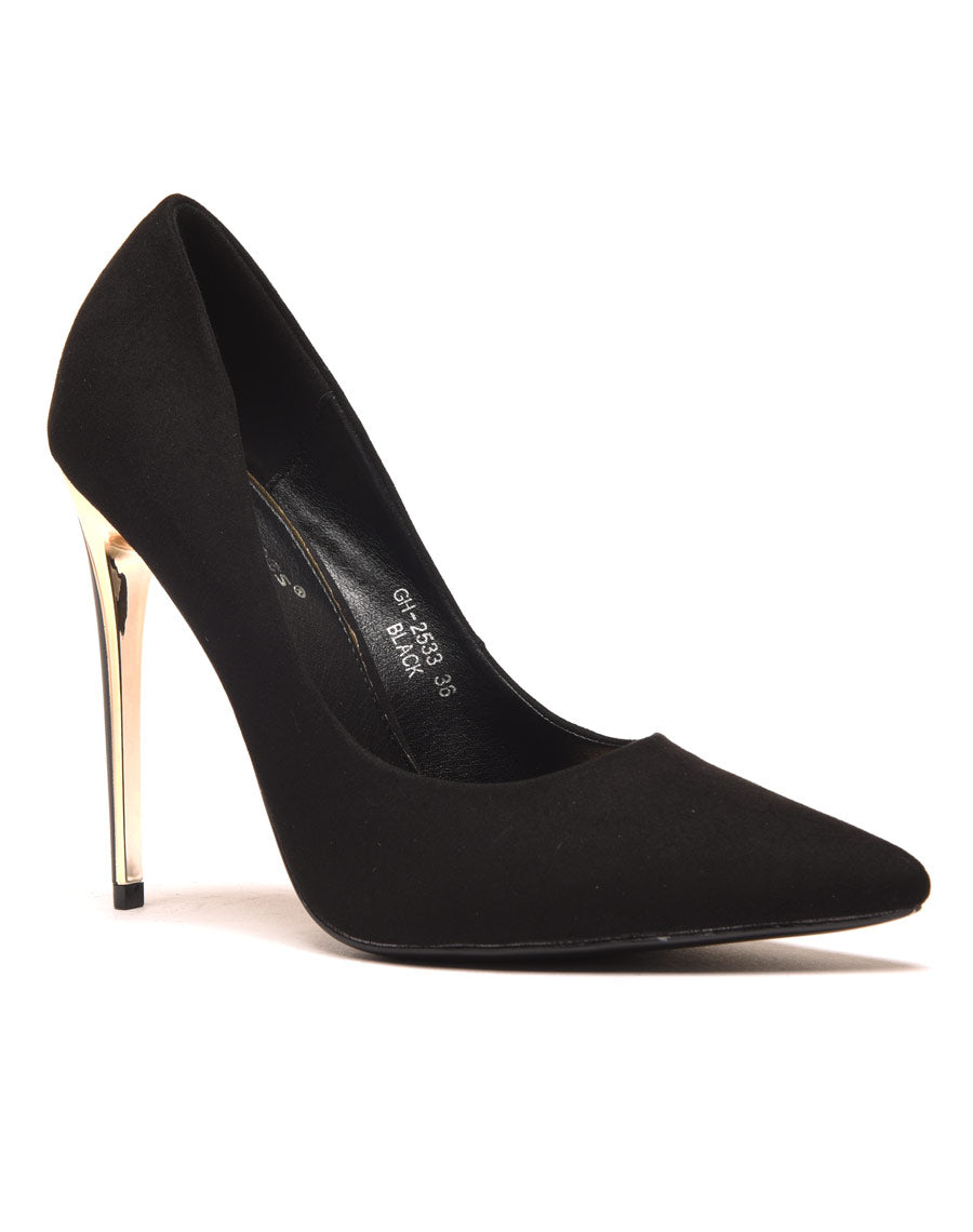 Escarpins noirs effet suédine à bout pointu et talon noir & doré