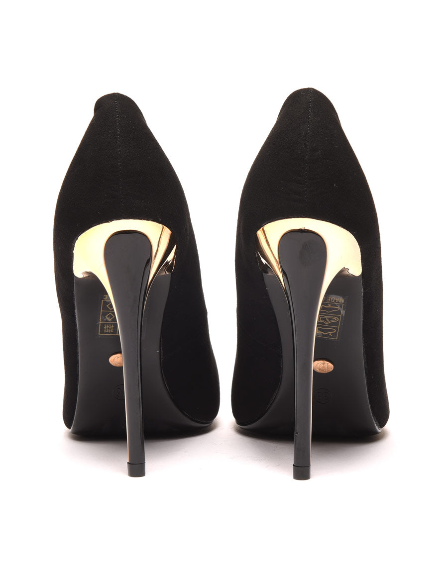 Escarpins noirs effet suédine à bout pointu et talon noir & doré