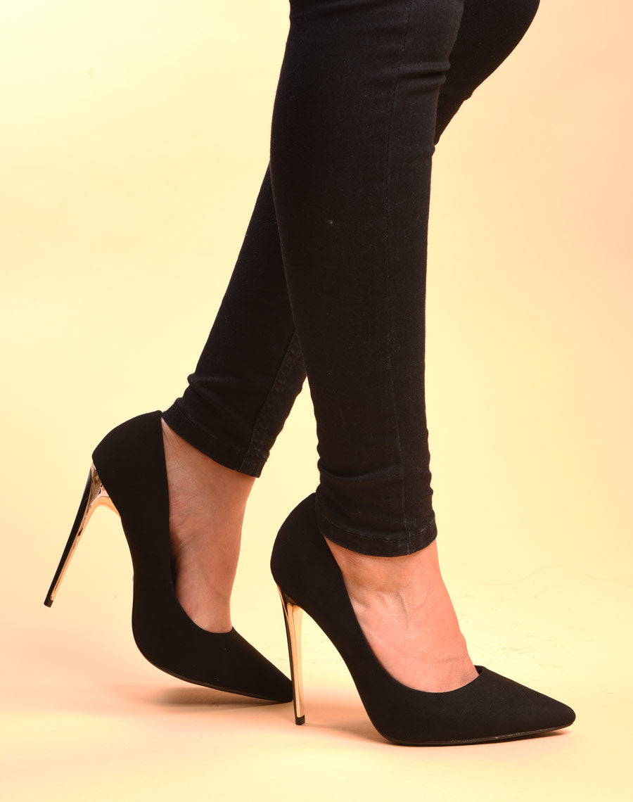 Escarpins noirs effet suédine à bout pointu et talon noir & doré