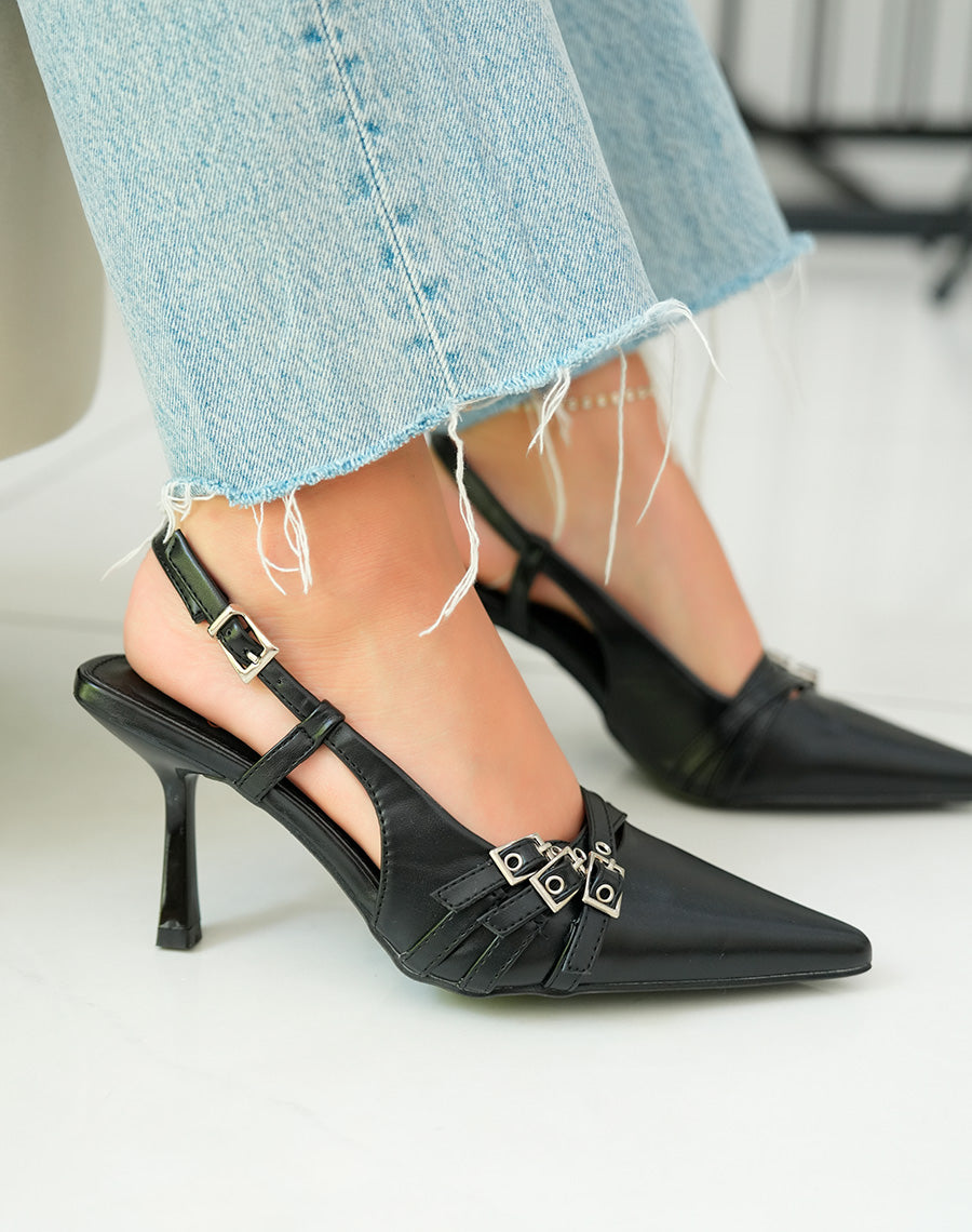 Escarpins Noirs à Triple Lanières et Bout Pointu